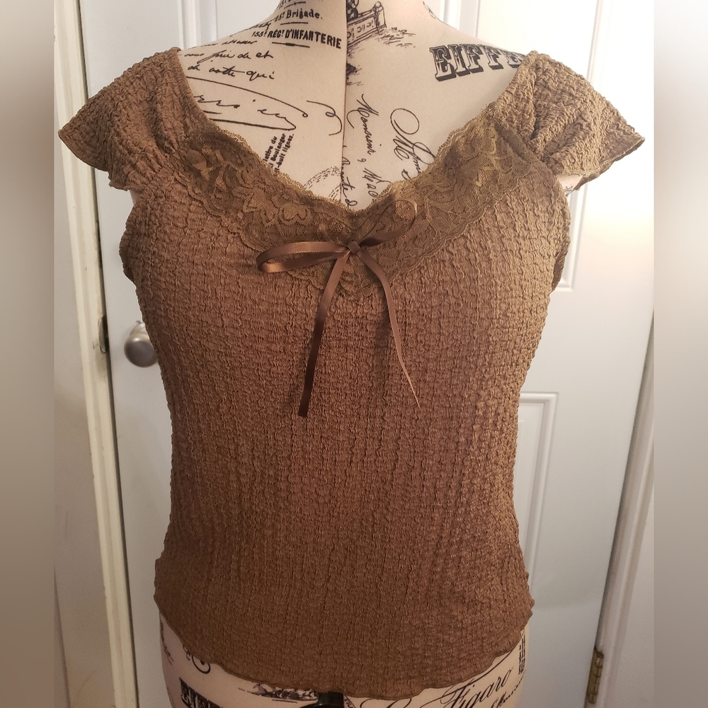 NWOT Super Cute Brown Shirt / Top With Ribbon & Lace